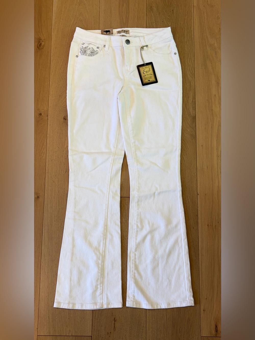 Earl Jeans Womens White Size 6 Bootcut Stretch Rhinestone Pocket Flap NWT